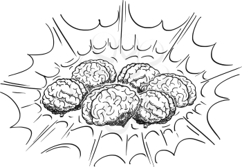 Cartoon drawing and conceptual illustration of group of human brains thinking together as team brainstorming metaphor.