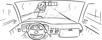 Cartoon stick figure drawing conceptual illustration of car dashboard and driver's hands on steering wheel while pedestrian is almost run down in accident.