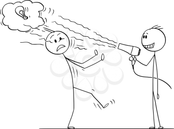 Cartoon stick figure drawing conceptual illustration of businessman using hairdryer to blow off innovative idea of his business competitor.