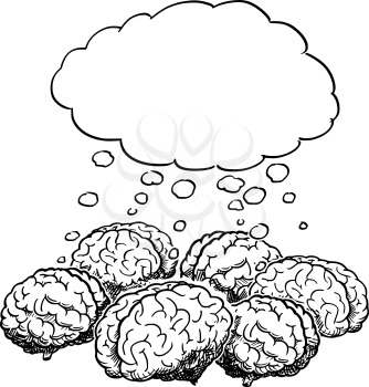 Cartoon drawing and conceptual illustration of group of human brains thinking together as team brainstorming metaphor, with empty speech bubble for your text.