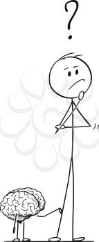 Cartoon stick figure drawing conceptual illustration of man or businessman thinking about problem or strategy. Brain is tapping on him to offer solution.