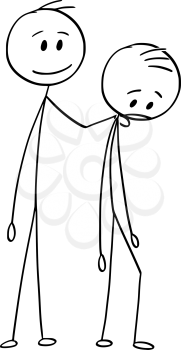 Cartoon stick figure drawing conceptual illustration of sad or depressed man and his friend who is in support. Concept of friendship.