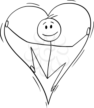Vector cartoon stick figure drawing conceptual illustration of man in love inside of big heart.