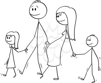 Vector cartoon stick figure drawing conceptual illustration of family of man and pregnant woman walking together and holding hands with two children, boy and girl.