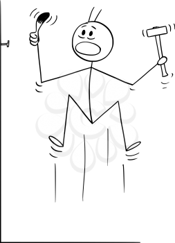 Vector cartoon stick figure drawing conceptual illustration of man who hit is finger or thumb while hammering, driving or knocking a nail.