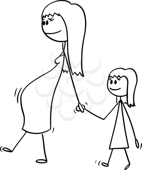 Vector cartoon stick figure drawing conceptual illustration of pregnant woman or mom or mother together with small girl or daughter. They are walking and holding hands.