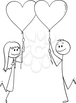 Vector cartoon stick figure drawing conceptual illustration of heterosexual couple of man and woman on date holding heart shaped balloons and smiling.