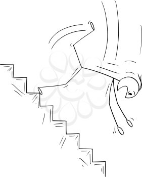 Vector cartoon stick figure drawing conceptual illustration of man or businessman falling down on dangerous stairs. Business concept of crisis and bankruptcy.