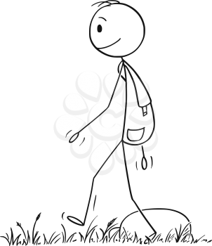 Vector cartoon stick figure drawing conceptual illustration of hiker or man with backpack hiking or walking on adventure in nature.