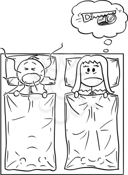 Vector cartoon stick figure drawing conceptual illustration of couple in bed in bedroom. Man is snoring loud and woman can't sleep.