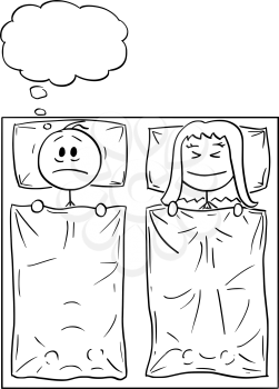 Vector cartoon stick figure drawing conceptual illustration of couple lying in bed, woman is sleeping, man can't sleep, thinking about problem or suffering insomnia.