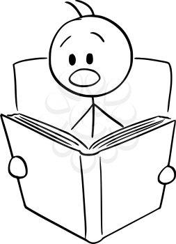 Vector cartoon stick figure drawing conceptual illustration of shocked or frightened man reading shocking or scary book.