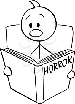 Vector cartoon stick figure drawing conceptual illustration of frightened man reading scary horror book.