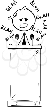 Vector cartoon stick figure drawing conceptual illustration of man or politician speaking or having boring speech on podium or behind lectern and saying blah.