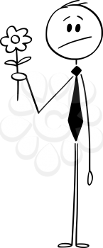Vector cartoon stick figure drawing conceptual illustration of hesitant or sad man with flower.