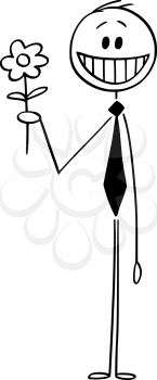 Vector cartoon stick figure drawing conceptual illustration of smiling and happy man with flower.