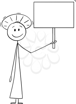 Cartoon stick figure drawing conceptual illustration of holy man or priest with halo around head holding empty sign.