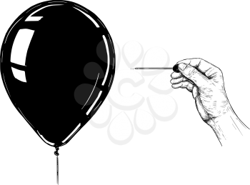Cartoon drawing conceptual illustration of hand with needle or pin popping balloon.