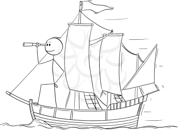 Cartoon stick figure drawing conceptual illustration of man or businessman standing as captain on the deck of sailing boat and looking through spyglass. Business concept of planning and future.
