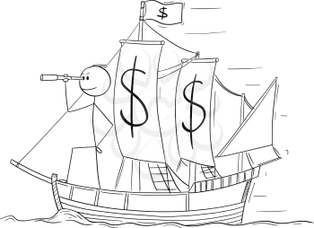 Cartoon stick figure drawing conceptual illustration of man or businessman standing as captain on the deck of sailing boat with dollar currency symbols and looking through spyglass. Business concept of planning and future.