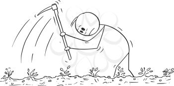 Cartoon stick figure drawing conceptual illustration of hard working poor farmer with hoe on the field.