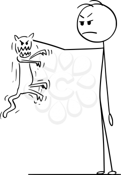 Cartoon stick figure drawing conceptual illustration of man holding in hand angry and aggressive cat trying to bite and scratch him.