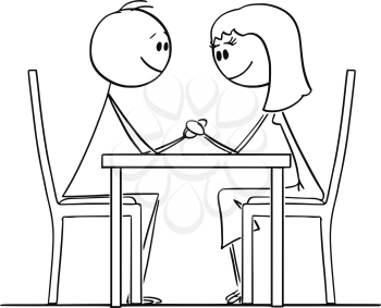 Cartoon stick figure drawing conceptual illustration of loving couple of man and woman sitting behind table in restaurant, holding hands and looking at eyes.