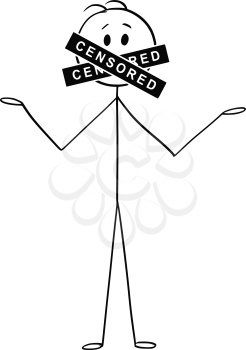 Cartoon stick figure drawing conceptual illustration of talking man with censored bar or sign covering his mouth. Concept of freedom of speech and censure.
