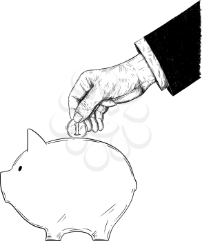 Vector black and white drawing of hand of businessman in suit putting coin in piggy bank. Metaphor of corporate investment and finance.