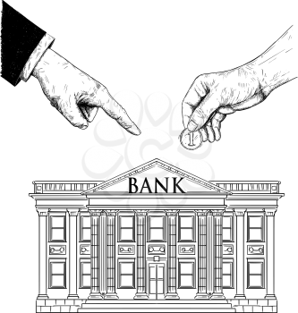 Vector black and white drawing of hand of politician or businessman is ordering or advising an ordinary person to put coin representing savings in bank. Metaphor of investment and finance.