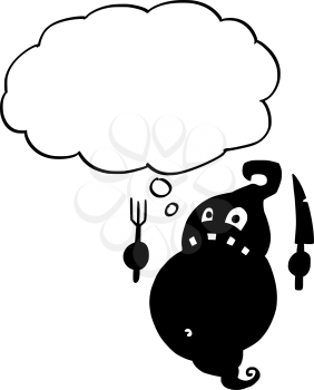 Cartoon drawing conceptual illustration of crazy fat flat black monster ghost with fork and knife and empty text bubble or speech balloon ready for your text.