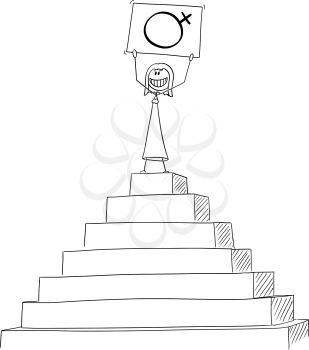 Vector cartoon stick figure drawing conceptual illustration of successful woman celebrating success on the peak of the pyramid with female gender or sex symbol in hands.