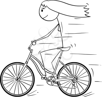 Cartoon stick drawing illustration of woman or girl riding or cycling on bicycle.