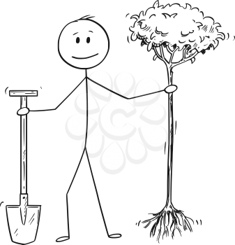 Cartoon stick drawing conceptual illustration of man or businessman holding spade and tree to plant. Business concept of startup or environmental concept of nature or forest preservation.