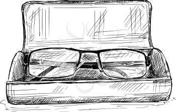 Vector artistic pen and ink sketch drawing illustration of glasses in case.