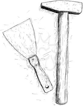 Vector artistic pen and ink drawing illustration of hammer and filling knife or spatula isolated.