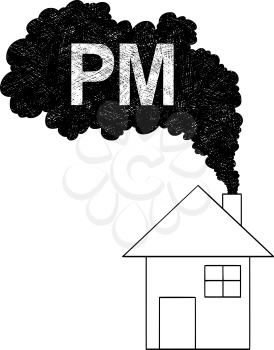 Vector artistic pen and ink drawing illustration of smoke coming from house chimney into air. Environmental concept of particulate matter or PM pollution.