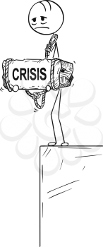 Cartoon stick drawing conceptual illustration of sad and depressed man or businessman standing on edge of precipice or chasm and holding big stone with crisis text tied to his neck.