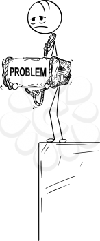 Cartoon stick drawing conceptual illustration of sad and depressed man or businessman standing on edge of precipice or chasm and holding big stone with problem text tied to his neck.