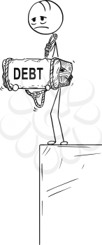 Cartoon stick drawing conceptual illustration of sad and depressed man or businessman standing on edge of precipice or chasm and holding big stone with debt text tied to his neck.