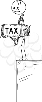 Cartoon stick drawing conceptual illustration of sad and depressed man or businessman standing on edge of precipice or chasm and holding big stone with tax text tied to his neck.