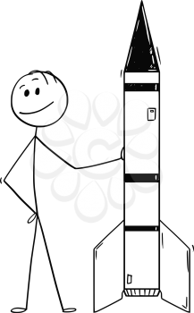 Cartoon stick drawing conceptual illustration of politician or businessman leaning on missile or rocket. Concept of military industry and technology.