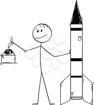 Cartoon stick drawing conceptual illustration of politician leaning on missile or military rocket and ready to push the red button. Concept of deterrence and nuclear war hazard.