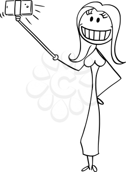 Cartoon stick drawing conceptual illustration of beautiful sexy woman with big artificial smile taking selfie with selfie stick.