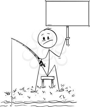 Cartoon stick drawing conceptual illustration of man or fisherman sitting on the shore of lake or river and holding empty sign.