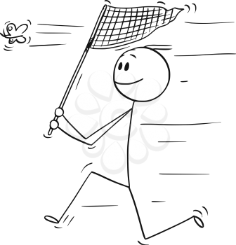 Cartoon stick drawing conceptual illustration of man running with net and catching a butterfly.