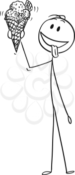 Cartoon stick drawing conceptual illustration of man enjoying and holding big tasty ice cream cone with wafer.