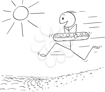 Cartoon stick drawing conceptual illustration of happy excited man with inflatable swimming ring running on the beach to water to enjoy summer vacation on seaside.
