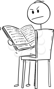 Cartoon stick drawing conceptual illustration of annoyed man sitting on chair and reading a book. He is looking angry, because is disturbed by viewer.