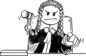 Cartoon stick drawing conceptual illustration of angry judge holding gavel or hammer and pointing his finger during pronouncing a verdict.